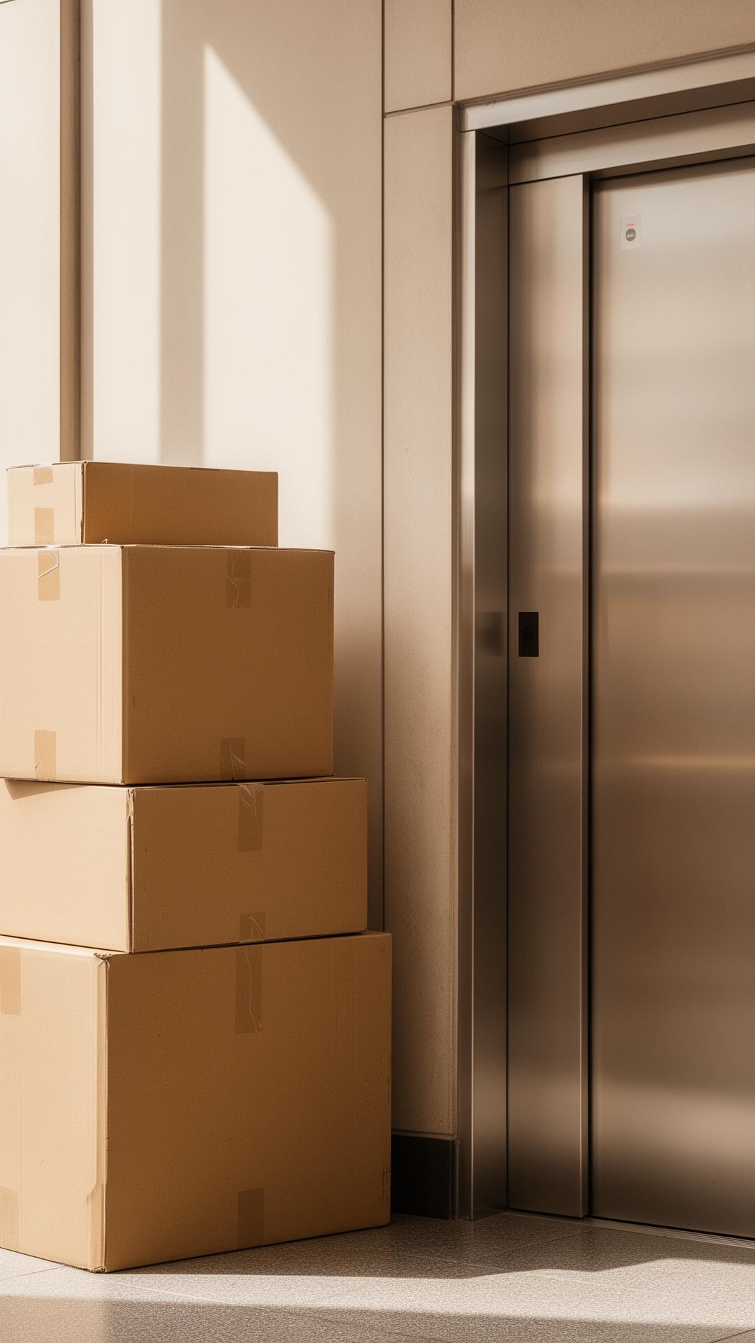 Labeled moving boxes by a brushed-metal elevator