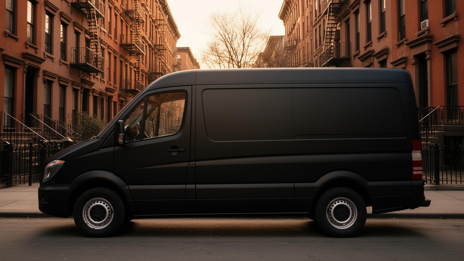 Matte black moving van on a Brooklyn brownstone street at golden hour