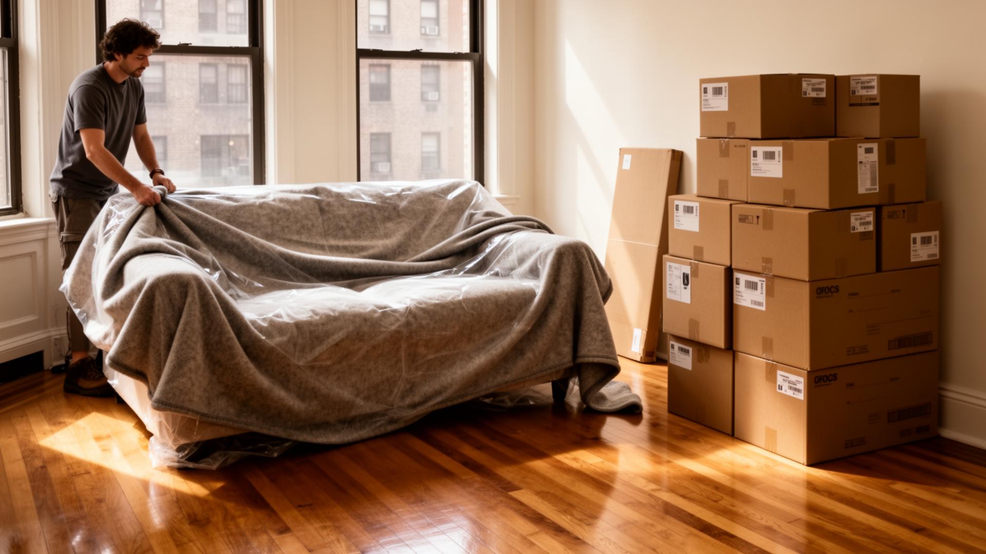 Mover wrapping a sofa in protective blankets beside labeled moving boxes